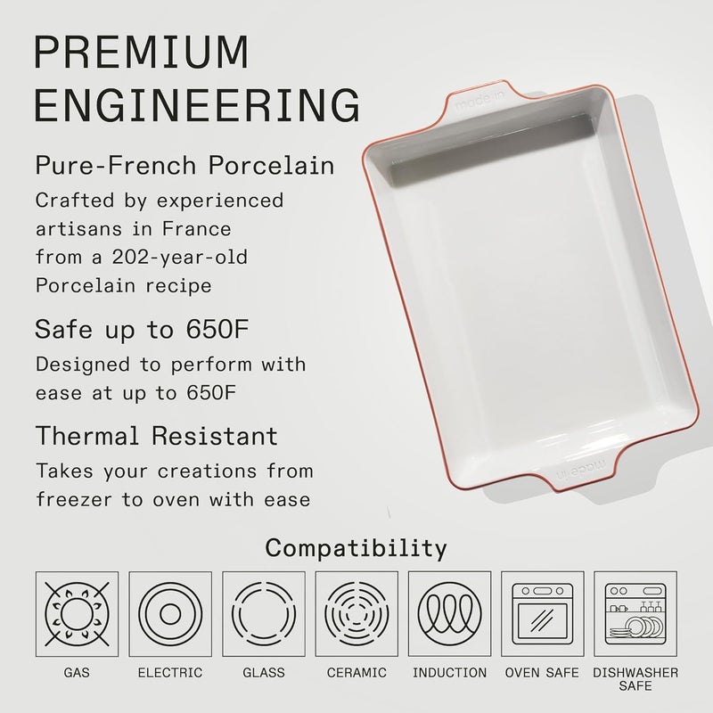 Madein Cookware - Rectangular Baking Dish - Red Rim - Hand Crafted Porcelain - Professional Bakeware - France - Image 3
